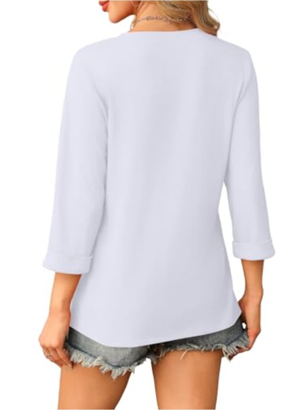 Womens 3/4 Sleeve Blouse V Neck Loose Fit Flowy Lightweight Cotton Blend - Picture 4 of 6